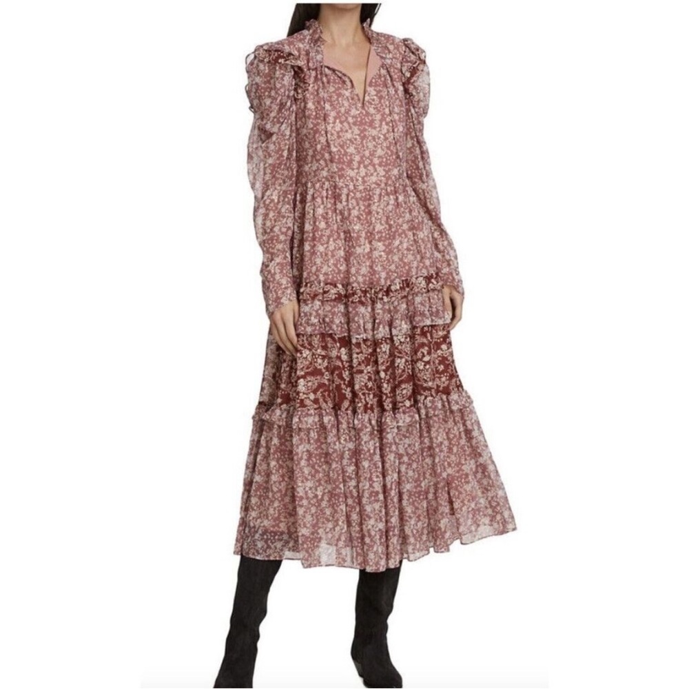 EN SAISON Dress Metallic Ditsy Floral Tiered Midi Fall Holiday